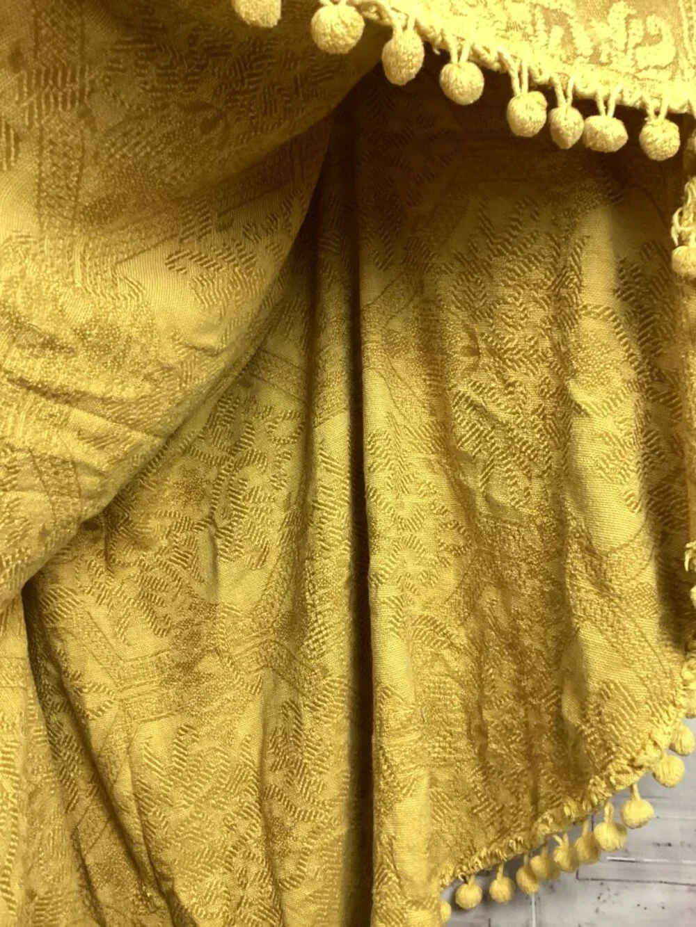 Vintage 70s Yellow Oval Throw with Pom Trim